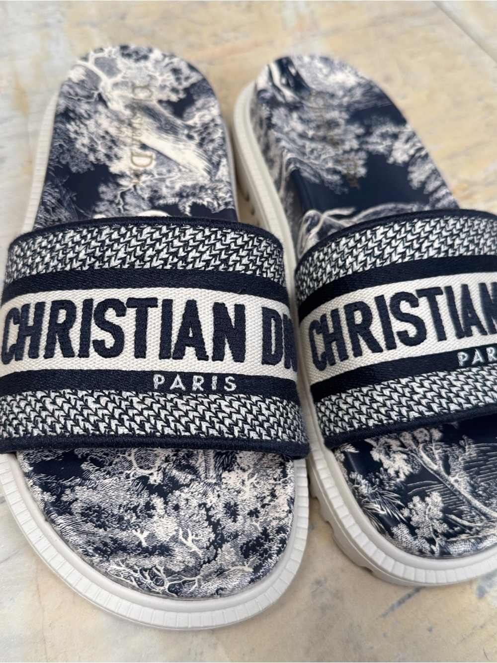 Christian Dior Blue White Dway Flower Toile Logo Slide Sandals size 37 - Picture 9 of 16